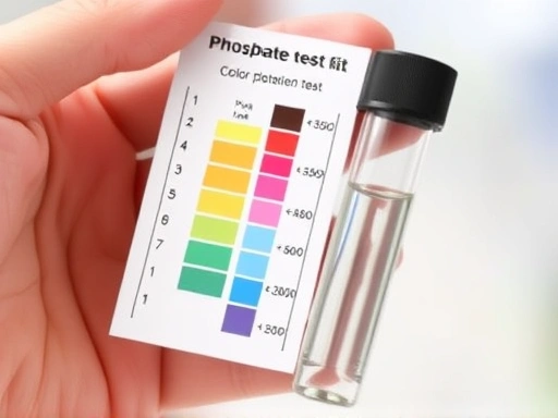A close-up shot of a hand holding a phosphate test kit, showing the color comparison chart and a test tube with water changing color, emphasizing accuracy and hands-on testing.