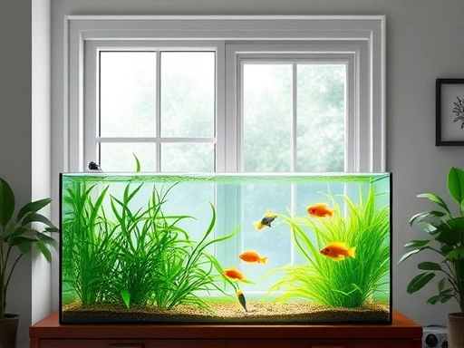 A detailed image showing an ideal indoor aquarium placement, away from a window, with healthy green plants and vibrant fish, demonstrating careful sunlight avoidance.