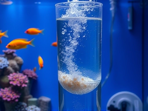 A vibrant saltwater fish tank, with a transparent protein skimmer clearly visible in a sump, showing fine bubbles rising and dirty skimmate being collected, emphasizing clear water quality and advanced filtration.