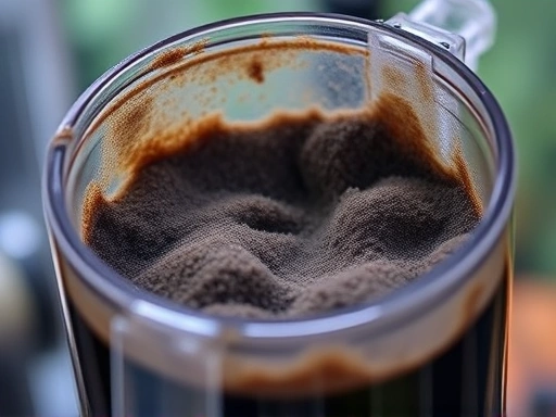 Close-up shot of a protein skimmer's collection cup, filled with dark, concentrated skimmate, showcasing the dense foam fractionation process and the removal of organic waste from the aquarium water.