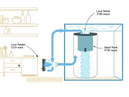 A detailed illustration of an aquarium pump, showing water flowing from the sump to the main tank, with annotations for flow rate and head pressure. The setting is a clean, modern home aquarium. Clear, technical drawing style.