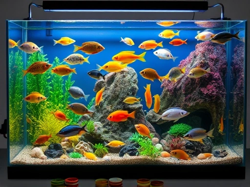 An organized aquascape with various healthy fish, ready for relocation, showing planning and careful preparation. Clean, vibrant.