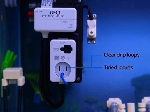 Close-up shot of the electrical setup behind an aquarium, showing neatly organized wiring, a power strip with GFCI protection, and a clear 
