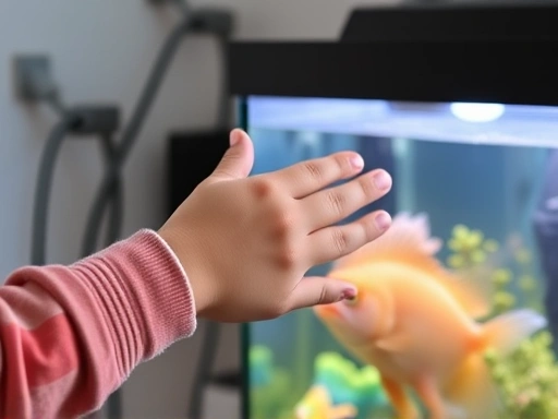 Close-up of a child's hand safely holding an adult's hand while observing a home aquarium, with a blurred background showing secure electrical cords and a stable setup. The image conveys care and responsibility in managing a home aquarium with kids, focusing on details like secure lids and cable management.