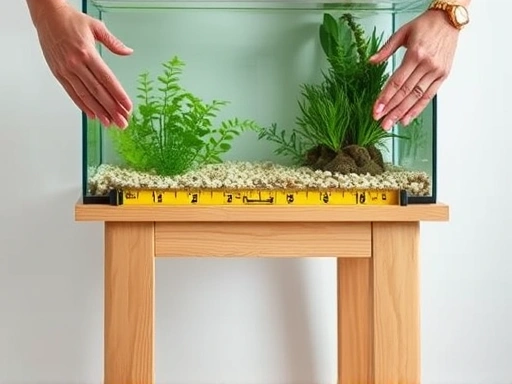 A close-up shot of hands carefully placing a glass aquarium on a perfectly leveled, sturdy wooden stand, with a spirit level visible for accuracy, symbolizing meticulous preparation for aquarium setup.
