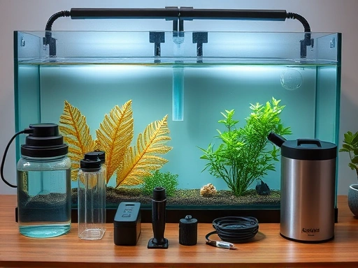Close-up of a neatly arranged aquarium setup with essential equipment, showing a calm, clear water tank and a serene atmosphere, perfect for a beginner's guide.