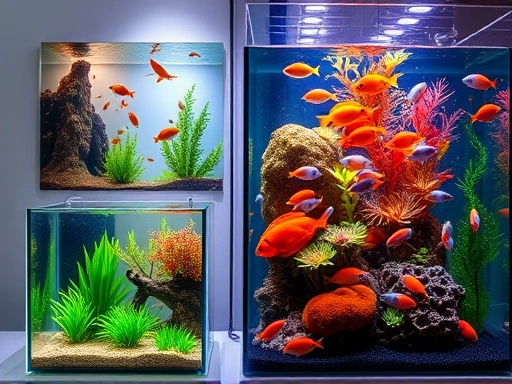 A vibrant, well-maintained small aquarium next to a large, thriving diverse fish tank, highlighting the contrast in scale and complexity, with aquatic plants and colorful fish. Focus on clear water and healthy environment.