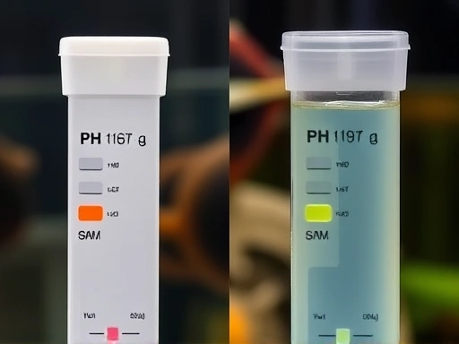 A close-up side-by-side comparison of water quality test results for a small and large aquarium, showing different pH and nitrate levels. Focus on the test kits and subtle visual differences in the water samples.
