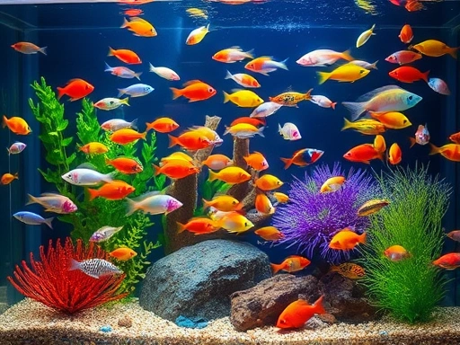 A vibrant, well-maintained home aquarium with a diverse selection of small, colorful fish swimming harmoniously in clear water, suitable for a general guide on fish selection by tank size.