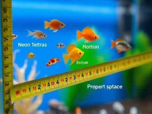 A close-up shot of an aquarium with a measuring tape, showing different small fish (like Neon Tetras and a Betta) illustrating proper space, focusing on tank volume and fish interaction.