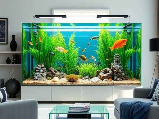 A beautifully aquascaped home aquarium, showing various fish species swimming in a clear tank, with lush green plants and natural rocks, in a modern living room setting, sunlight streaming in. Focus on a harmonious blend of aquarium and home decor, illustrating ideal aquarium size in a space. (Aquarium size, home decor, living room, fish tank, aquascape)