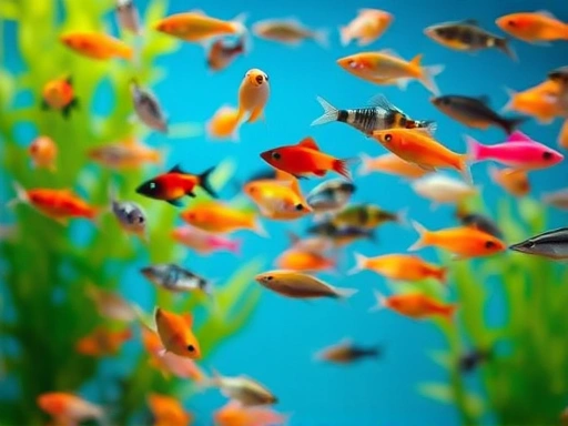 Close-up detailed shot of a diverse group of small, colorful fish (e.g., neon tetras, guppies) swimming gracefully in a clean, well-maintained aquarium. The water is crystal clear, and the fish appear healthy and vibrant, with naturalistic plant surroundings. Focus on the fish and clear water to highlight the importance of proper aquarium size for fish health. (Healthy fish, clear water, aquarium inhabitants, small fish, fish health)
