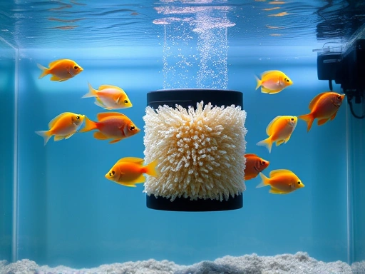 A serene, crystal-clear aquarium with healthy fish swimming around a well-maintained sponge filter, showcasing effective filtration and the benefits of proper cleaning.