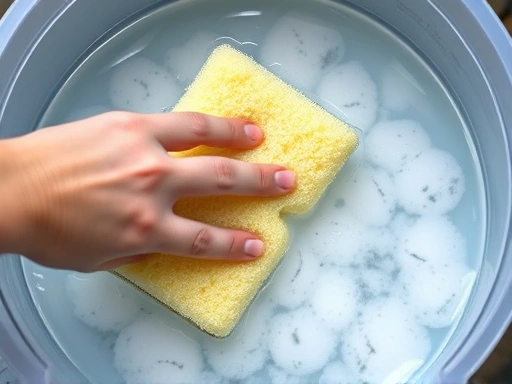 Close-up of a hand gently rinsing a sponge filter in a bucket of cloudy aquarium water, emphasizing the correct method for preserving beneficial bacteria.