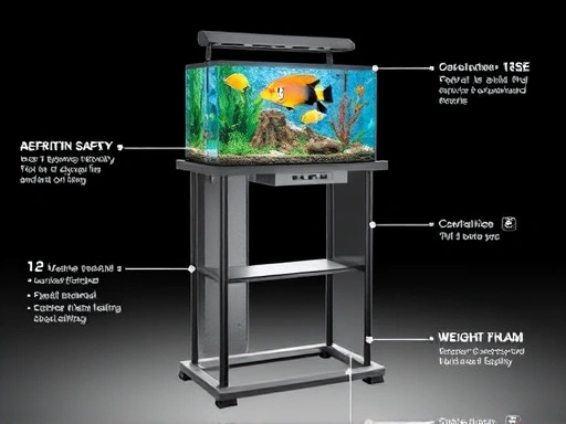 A detailed, illustrative image of an aquarium stand's internal structure, showing weight distribution, with a transparent aquarium on top filled with water and fish, highlighting stability and safety elements. Clear, technical, informative. 