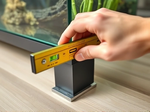 A close-up image focusing on a hand using a spirit level to precisely check the level of an aquarium stand, with shims visible underneath a stand leg, emphasizing accuracy and safety in installation. Bright, practical. 