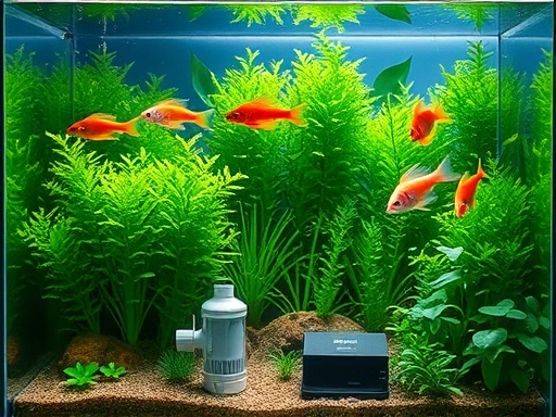 A visually appealing aquarium with lush green plants, various colorful fish swimming, and essential equipment like a filter and heater visible, clean water. (aquarium, fish, plants, filter, heater, water)