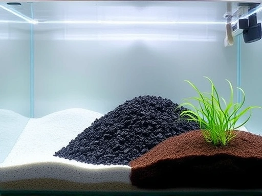 A clean, well-lit aquarium with various types of substrates clearly visible, such as fine white sand, dark gravel, and nutrient-rich soil, illustrating the diversity of aquarium substrate. Focus on natural tones and serene aquatic environment.