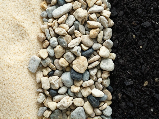 Close-up of different aquarium substrate textures: smooth, fine sand; rough, varied-sized gravel; and dark, porous soil particles, showcasing the distinct characteristics of each substrate type in an aquarium setting.