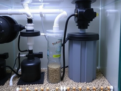 Close-up of a well-designed aquarium sump or filtration system, showing pumps, filter media, and clean plumbing connections in a tidy, functional setup.