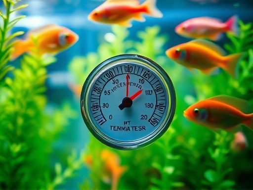 A detailed close-up shot of an aquarium thermometer indicating optimal temperature, surrounded by vibrant healthy fish and lush green aquatic plants, with soft ambient light. SEO keywords: aquarium, thermometer, water temperature, fish health.
