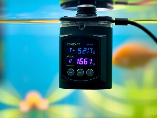 A close-up of a submerged aquarium heater with a digital display, showing the set temperature and actual water temperature in a clear, well-maintained fish tank. SEO keywords: aquarium heater, water temperature control, fish tank equipment.