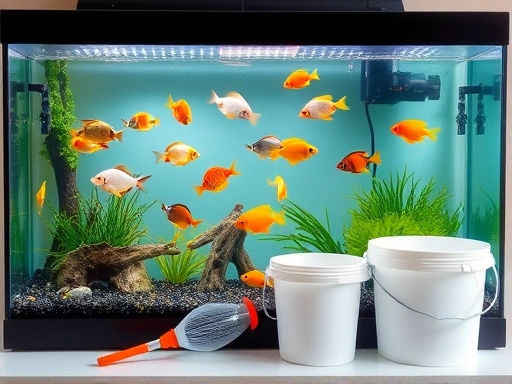 A clean, well-maintained fish tank with various fish swimming happily, next to essential water change tools like a siphon and buckets, conveying a sense of easy maintenance.