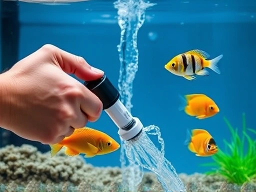 Close-up of hands performing an aquarium water change, showing a siphon gravel vacuuming the substrate while fish calmly swim by, emphasizing proper technique and fish comfort.