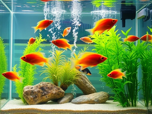 A clean, well-circulated aquarium with various fish swimming freely, showing gentle water flow and healthy plants, emphasizing good water circulation with a filter outlet subtly visible. SEO: aquarium circulation, healthy fish tank, water flow.