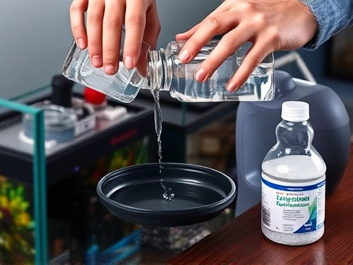 A detailed view of a person slowly pouring water into an aquarium over a small plate to prevent disturbing the substrate, with an open bottle of dechlorinator nearby, emphasizing the careful water filling process.