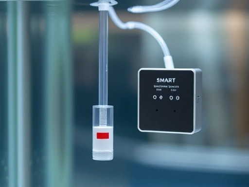 A close-up shot of a small, precise water level sensor submerged in a clear aquarium, with transparent tubing connected to a smart, minimalist controller box, highlighting technological efficiency.