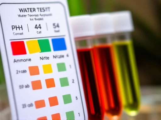 A close-up shot of a water test kit showing various color indicators for pH, ammonia, nitrite, and nitrate levels. The focus is on the small test tubes and the color chart, emphasizing the importance of water parameters. (water test kit, aquarium water parameters, pH, ammonia, nitrite, nitrate, water quality)