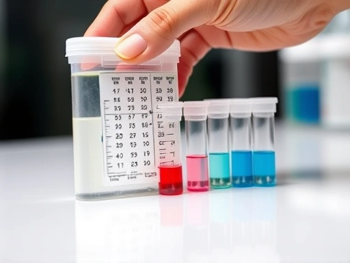 A close-up shot of a hand holding a water test kit, with various liquid reagents and test tubes on a clean, bright surface, symbolizing precise aquarium water quality measurement. Focus on accuracy and scientific method.