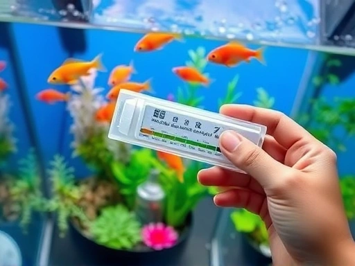 A high-angle shot of a hand holding a water testing kit near a clear aquarium, showing vibrant fish and healthy plants, emphasizing precise water quality measurement. Focus on accuracy and prevention methods.