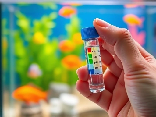 A detailed close-up shot of an aquarium enthusiast's hand holding a liquid water test kit vial, showing the color change indicating water parameters, with a blurred background of a healthy, vibrant fish tank. Focus on scientific accuracy and clean setup, using SEO keywords like 