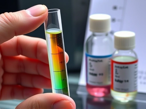 A close-up shot of a hand holding a liquid aquarium test tube showing a distinct color change against a white color chart, next to a small bottle of chemical reagent, emphasizing the detailed process and results of water quality testing.