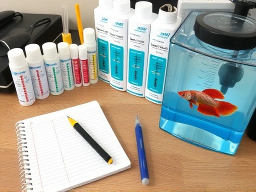 A well-organized desk with various aquarium water test kits, a notebook for recording results, and a small, healthy betta fish swimming in a nearby mini-tank, emphasizing the meticulous process of 