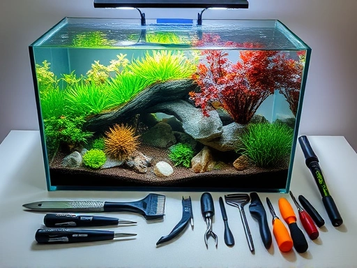 A beautifully designed aquascape tank with various essential aquascaping tools neatly laid out beside it, highlighting the precision tools for plant trimming and substrate leveling.