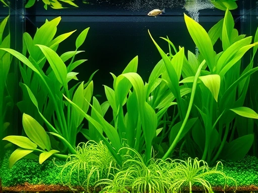 A vibrant, healthy planted aquarium with lush green aquatic plants thriving under a subtle CO2 bubble diffusion, showcasing rapid growth and pearling effect, with clear water and small fish swimming. Focus on the beauty of the plants.