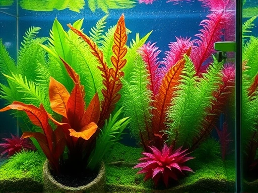 An exquisite, vibrant underwater aquarium filled with lush, healthy green and red aquatic plants thriving with well-balanced nutrients, showcasing the importance of proper aquatic plant fertilization.