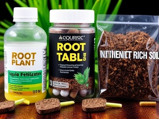 Close-up of different types of aquatic plant fertilizers: a bottle of liquid fertilizer, root tabs, and nutrient-rich aquarium soil, neatly arranged to illustrate their distinct forms.
