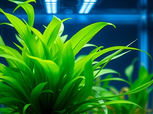 A close-up of a vibrant, healthy aquatic plant under optimal LED lighting in an aquarium, with clear water and a lush green color, showcasing the importance of proper illumination for plant growth.