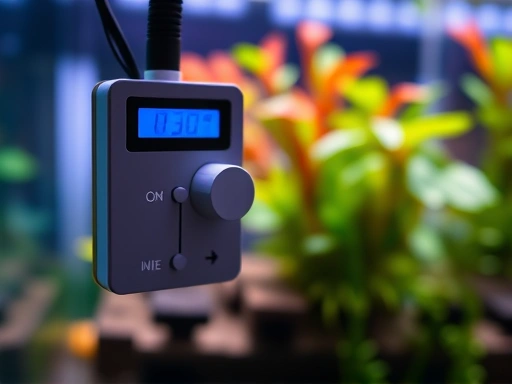 Detailed view of an aquarium light dimmer switch, showing precise controls and a digital display, with a blurred background of a thriving planted tank, emphasizing adjustable intensity.