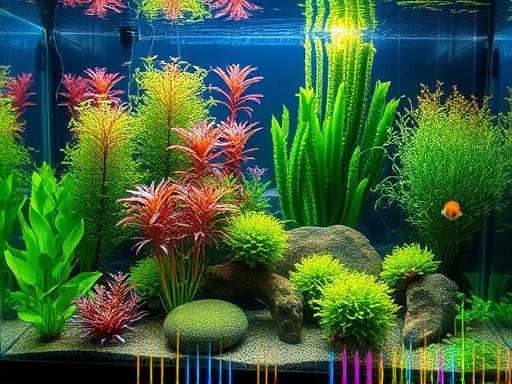 A vibrant underwater scene in a meticulously maintained aquascape, showing various types of aquatic plants after proper pruning, with small colorful fish swimming peacefully, emphasizing a harmonious and healthy aquatic environment.