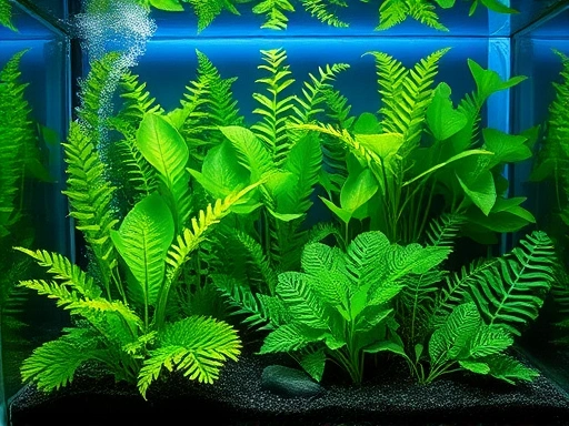 A vibrant, well-lit aquarium with various healthy aquatic plants, showcasing lush green foliage and clear water, focusing on the overall setup and healthy growth. SEO keywords: aquatic plants, lush aquarium, plant growth, water clarity.