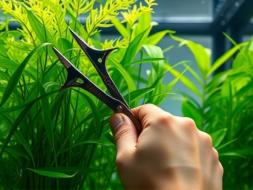 A detailed close-up shot of an aquarist's hand using specialized aquatic scissors to prune lush green stem plants in a clear freshwater aquarium, highlighting healthy plant growth and careful trimming.