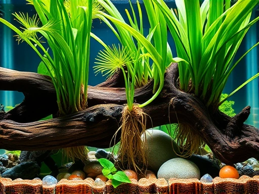 A detailed close-up shot of various aquatic plant roots firmly anchored to driftwood and stones in a vibrant, clear aquarium, showcasing healthy growth and stability.