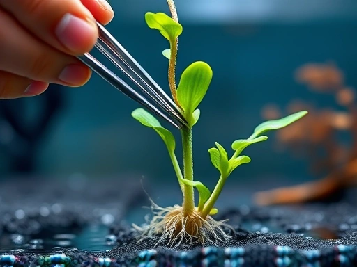 A close-up of an aquarist's hand gently using long tweezers to plant a delicate stem aquatic plant into the aquarium substrate, with water bubbles visible around the roots.