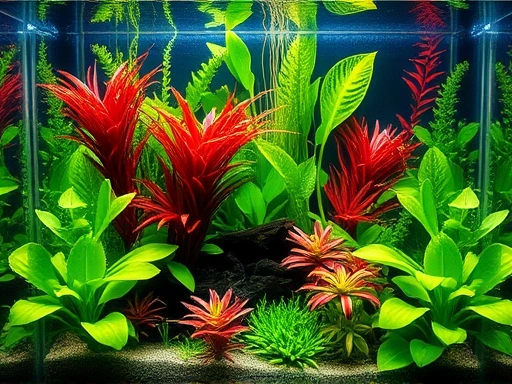 A vibrant, well-maintained freshwater aquarium filled with various lush green and red aquatic plants, with light filtering from above, showcasing different growth forms. Include examples like long stem plants, broad-leaved foreground plants, and plants attached to driftwood.