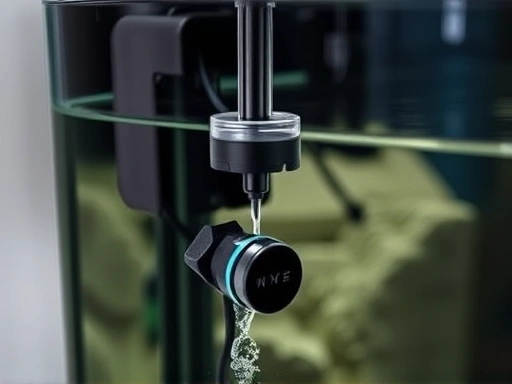 A close-up of an *automatic top-off system* installed on an aquarium sump, showing the water level sensor and the top-off pump discreetly adding water, emphasizing the precision and automation. Focus on the sensor and pump components.